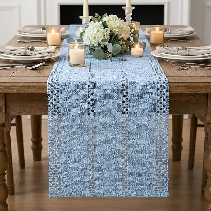 Artoid Mode Sky Blue Woven Farmhouse Hollow Table Runner 12x60 Inch | Holiday - Image 3