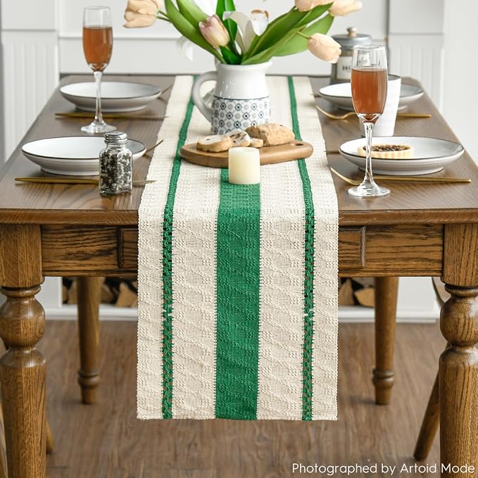 Artoid Mode Emerald Green Rustic Woven Table Runner 12x48 Inch | Holiday - Image 2