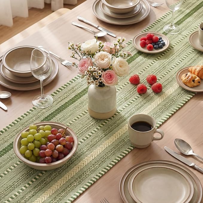 Artoid Mode Army Green Farmhouse Stripe Braided Table Runner 12x120 Inch | - Image 4