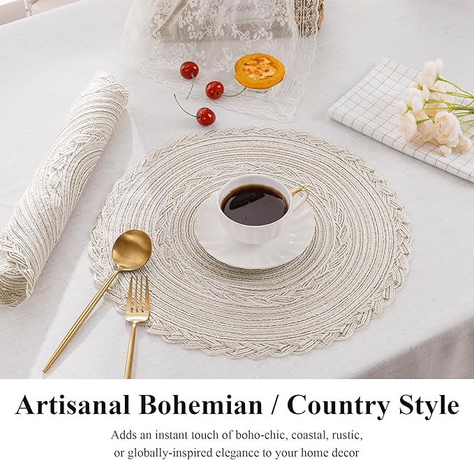 SHACOS Round Placemats Set of 6 Boho Braided Bordered Place Mats 15 inch - Image 3