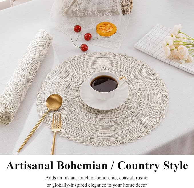 SHACOS Round Placemats Set of 4 Boho Braided Border Table Place Mats - Image 3
