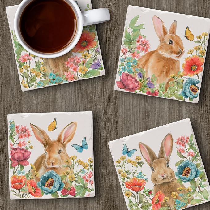 Thirstystone Garden Bunnies 4 Pack Assorted Tumbled Tile Stone Coasters | 4" - Image 6