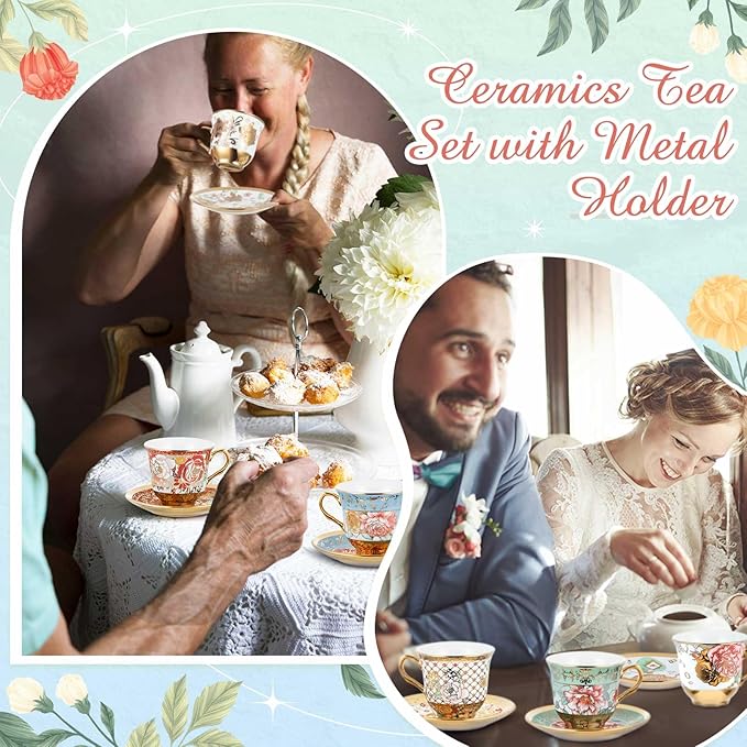 Teenyyou Set of 36 Tea Cups and Saucers Tea Party Decorations Floral Porcelain - Image 4