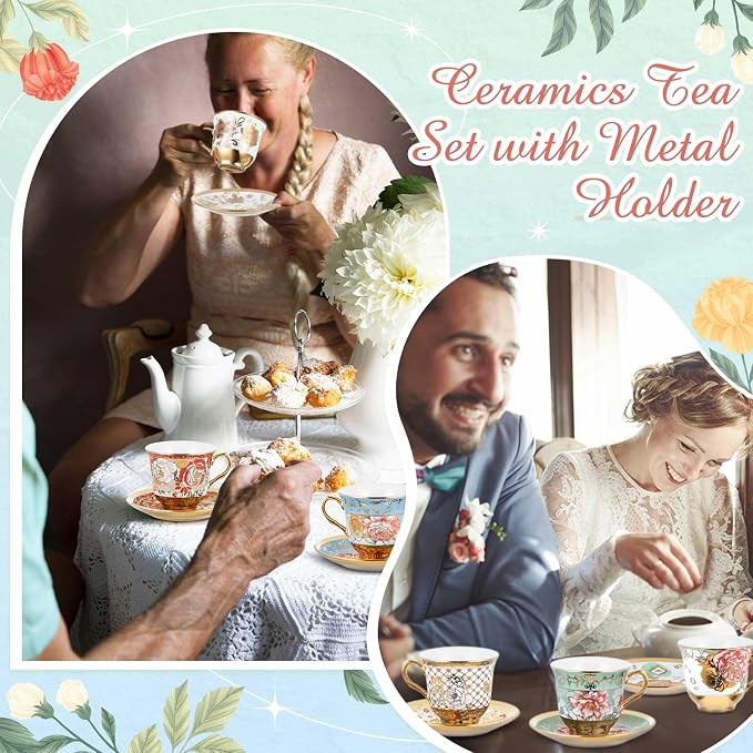 Teenyyou Set of 24 Tea Cups and Saucers Tea Party Decorations Floral Porcelain - Image 6