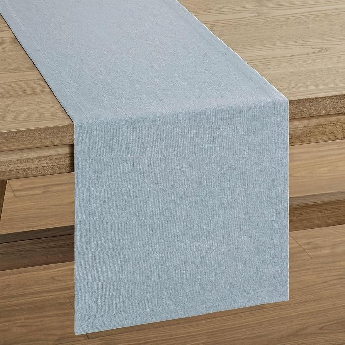 Basic Linen Style Table Runner, 14x90 Inch Chambray Blue | Mitered Corner Design - Image 7