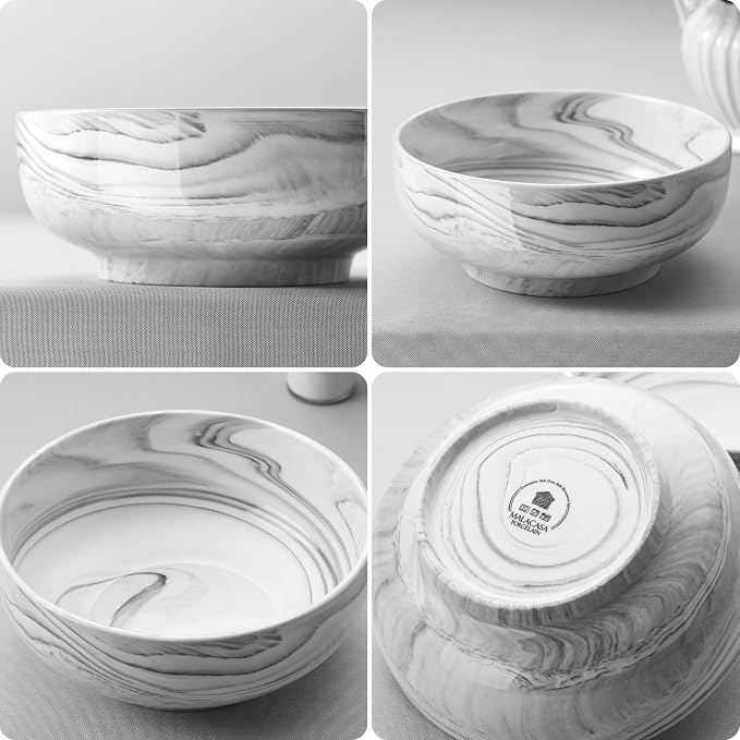 MALACASA Large Serving Bowls, 60 OZ Ceramic Salad Bowls Set of 2 | Marble Grey - Image 6