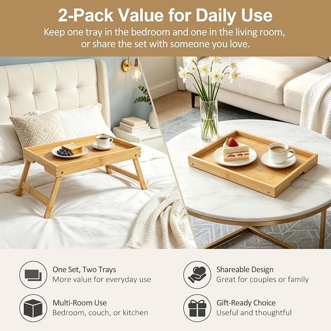 Bamboo Breakfast Trays with Folding Legs, Natural | Set of 2 large bamboo bed - Image 3
