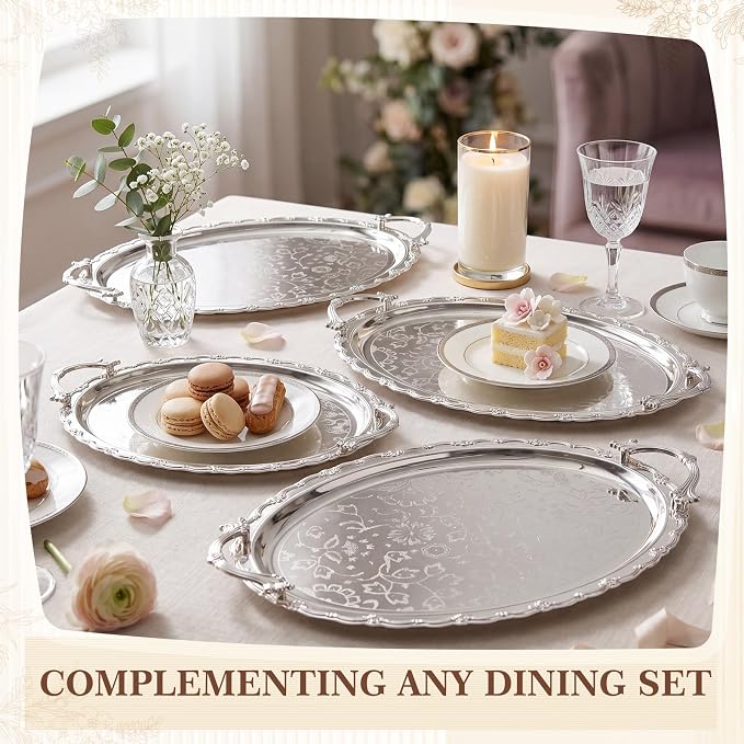 4 Pack Serving Tray with Handles 16.1 x 12.4 Inch Large Metal Plate Floral - Image 6