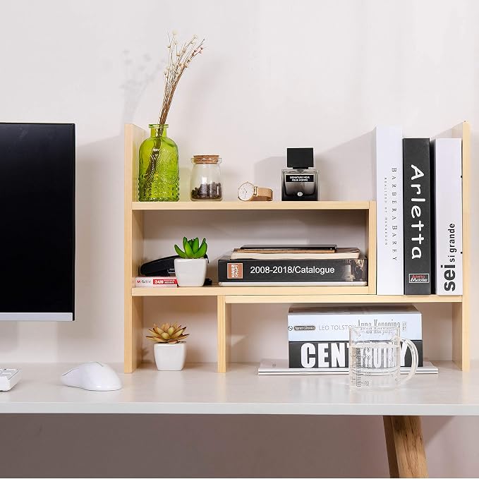 Desktop Organizer Office Storage Rack Adjustable Natural Wood Display Book - Image 2
