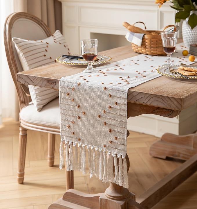 Boho Table Runner 13 x 72 Inch Long Natural Cotton Woven Runner - Image 2