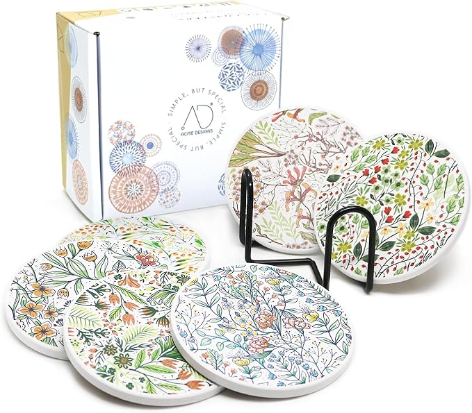 AD Set of 6 Coasters for Drinks Absorbing Round Ceramic Stone Coaster by AD