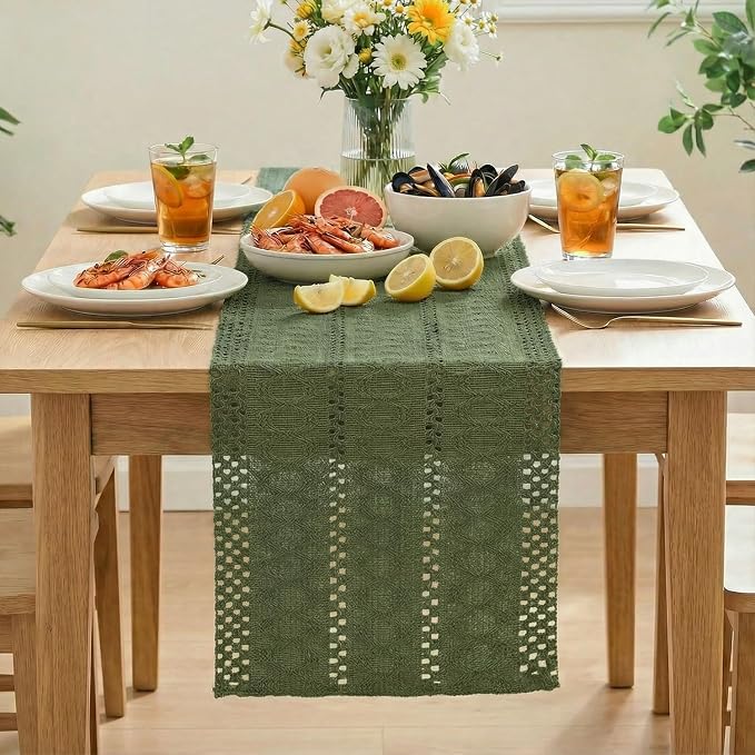 Artoid Mode Army Green Woven Farmhouse Hollow Table Runner 12x72 Inch | Holiday - Image 3