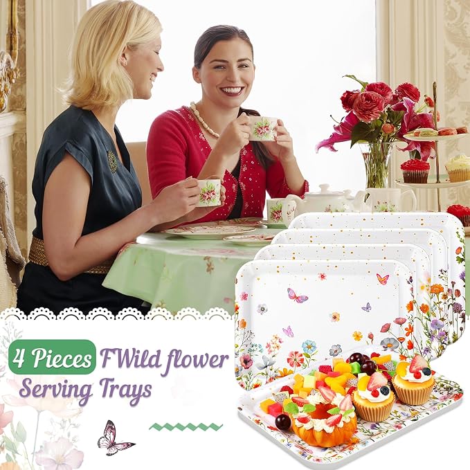 4 Pieces Wildflower Serving Trays Flower Melamine Platters Reusable Rectangle - Image 5
