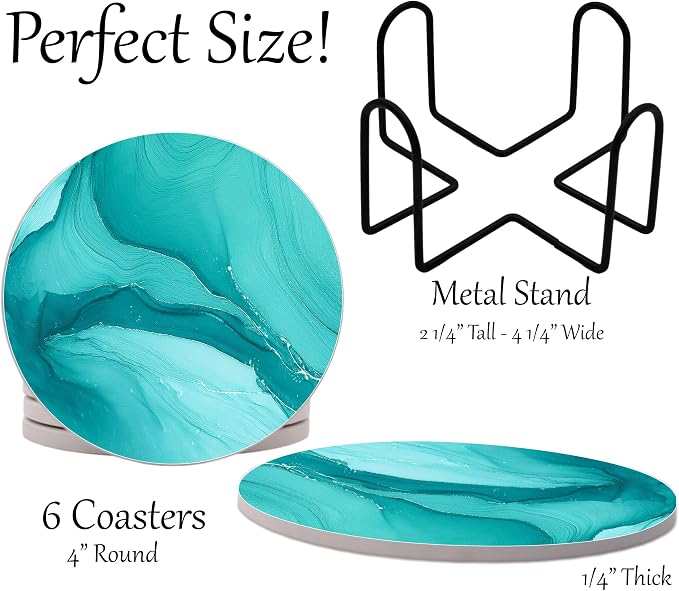 Aqua Blue Teal Marble Round Coasters Set of 6 - Image 2