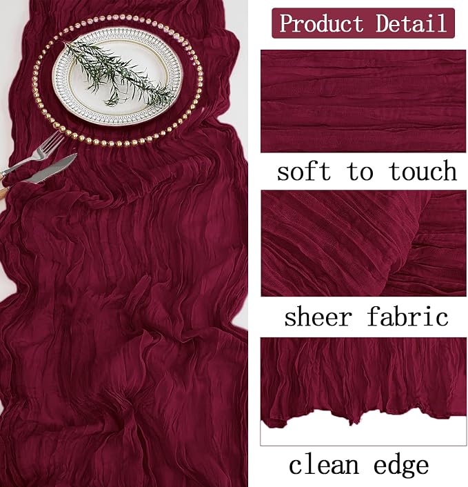 8 Pack Burgundy Cheesecloth Table Runner 20 x 120 inch Gauze Table Runners 10 - Image 4
