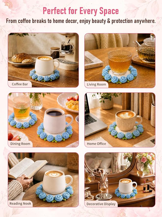 Crochet Flower Bouquet Coasters, Cotton Rose Gifts - Image 8