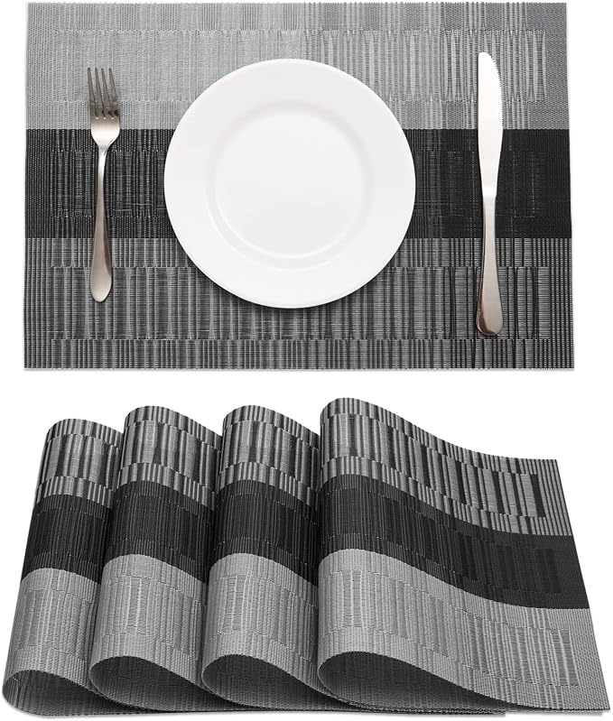HeloHo Black Placemats Set of 4 Heat-Resistant Washable Place Mats Non-Slip by HeloHo