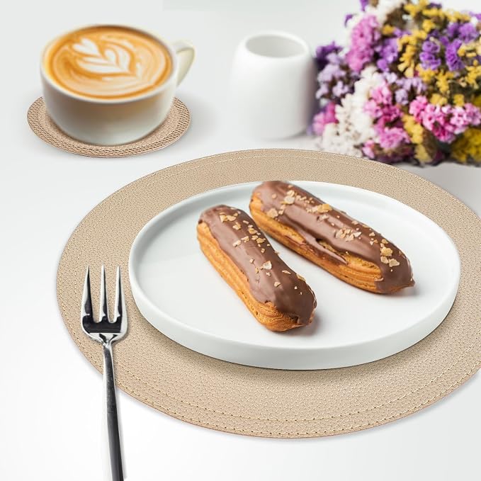 Set of 8 Faux Leather Gold Round Placemats and Coasters, Coffee Mats Kitchen - Image 6
