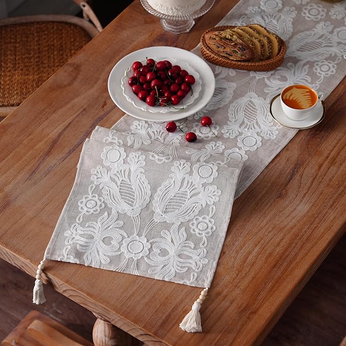 Embroidered Table Runner Boho Farmhouse Dresser Scarf, 4 Tassel Pendants by ARTBLOSS
