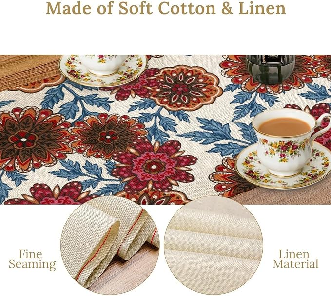 Mandala Flower Table Runner, Vintage Oriental Exotic Native Red Floral Blue - Image 5
