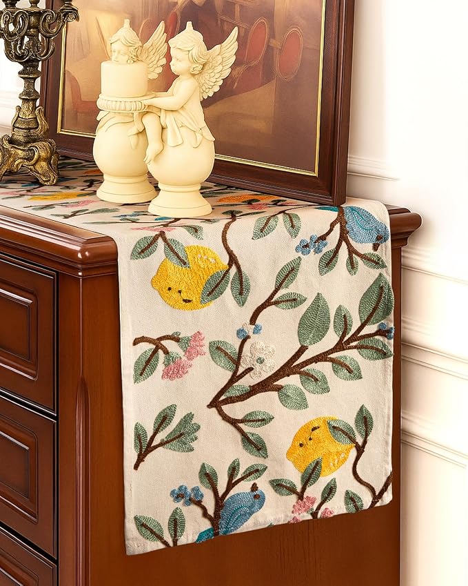 Canvas Embroidered Narrow 13"x 108" Table Runner, Lemon Bird | Exquisite - Image 5