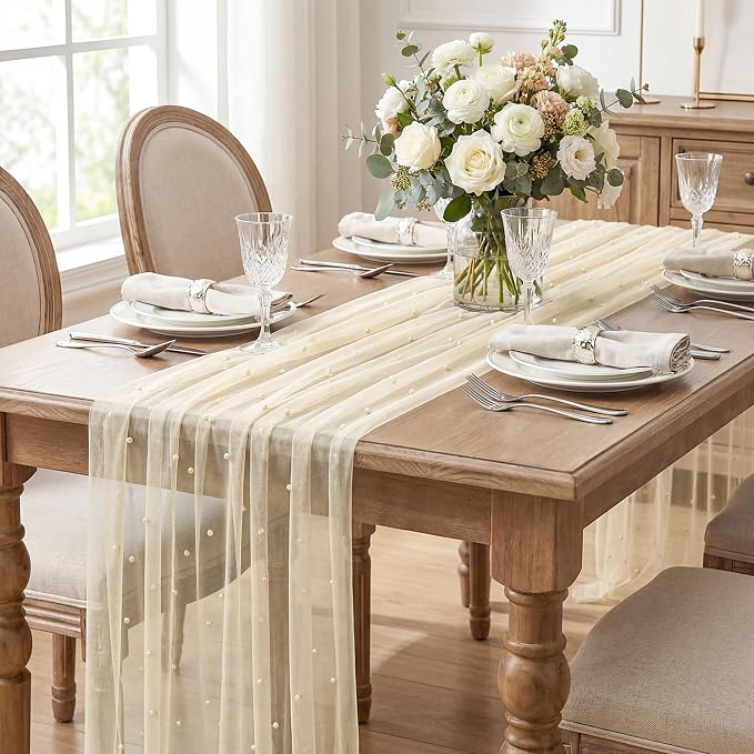 Artoid Mode 6PCS Pearl Champine Gauze Table Runner 120 Inch 10FT, Seasonal - Image 4