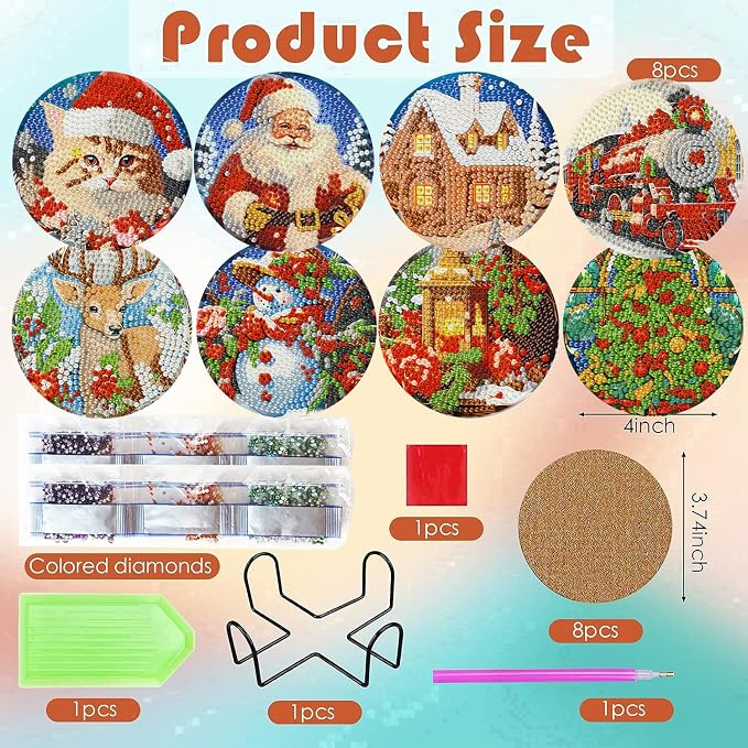 8 Pcs Christmas Diamond Painting Coasters Kits 4X4in | Christmas Diamond Art - Image 3