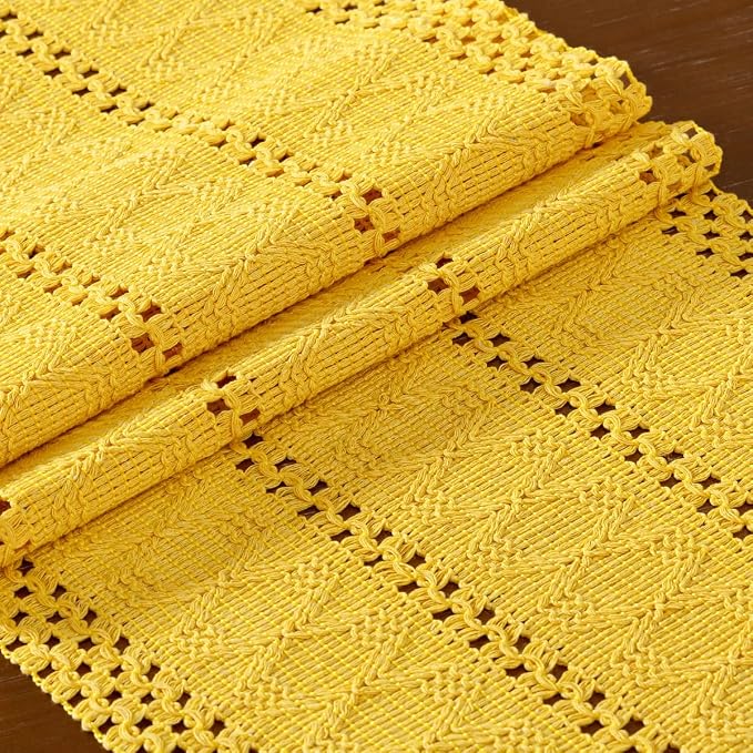 DeZerlor Yellow Boho Macrame Farmhouse Woven Table Runner 48Inch | Cotton Linen - Image 5