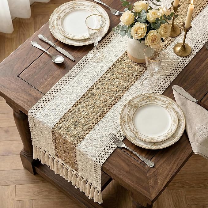 Burlap Boho Table Runner Macrame Brown 60in Farmhouse Woven Runner | Burlap - Image 4