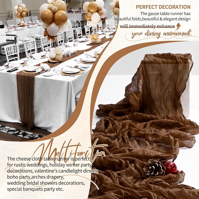 Showgeous 2 Pack Brown Cheesecloth Table Runners Boho Wedding Decor | Rustic - Image 6