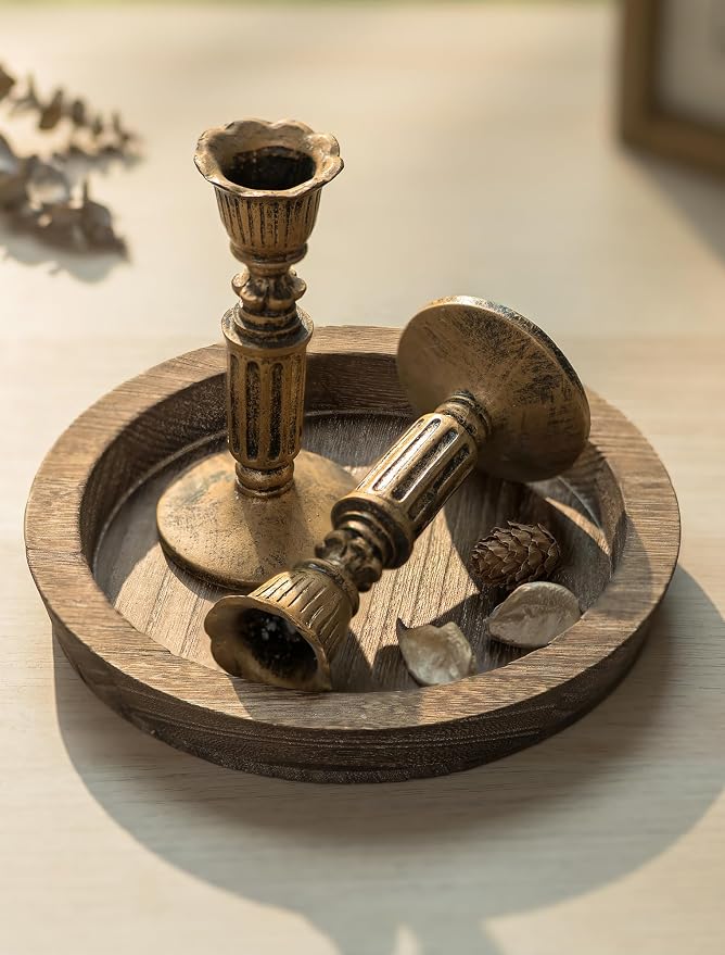 Hanobe Round Wood Candle Holder Trays, Small Coffee Table Centerpiece, 7.8" | by Hanobe
