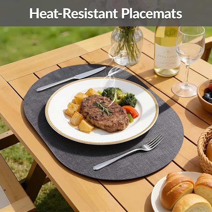 Placemats Set of 4, 11.8 x 17 Inch, Dark Grey | Heat Resistant Oval Faux - Image 4