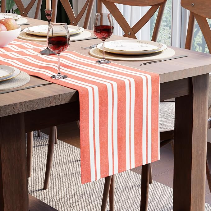 Encasa XO Table Runner, Woven Cotton Dining Runner 13"x94" Franca Orange Stripes by EncasaXO