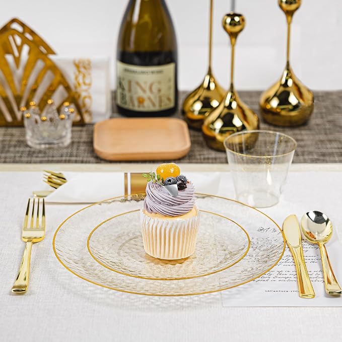 HOMIP 175PCS Clear Gold Glilter Plastic Dinnerware Set, Prerolled Silverware | - Image 6