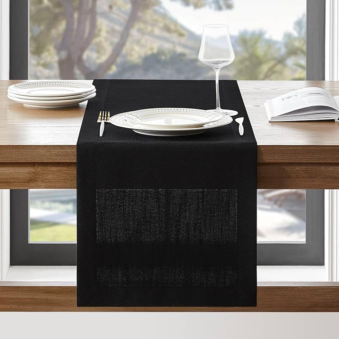 Linen Textured Border Table Runner, 14 x 72 Inch Black | Mitered Corner Design by ZEEMARTONLINE