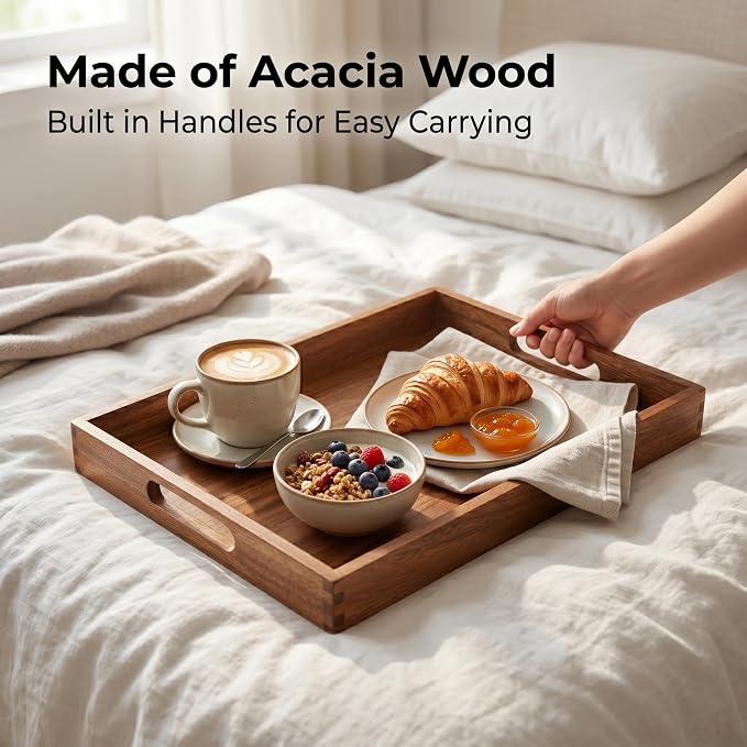 Acacia Wood Tray Set of 3, Stackable Serving Trays - Image 6