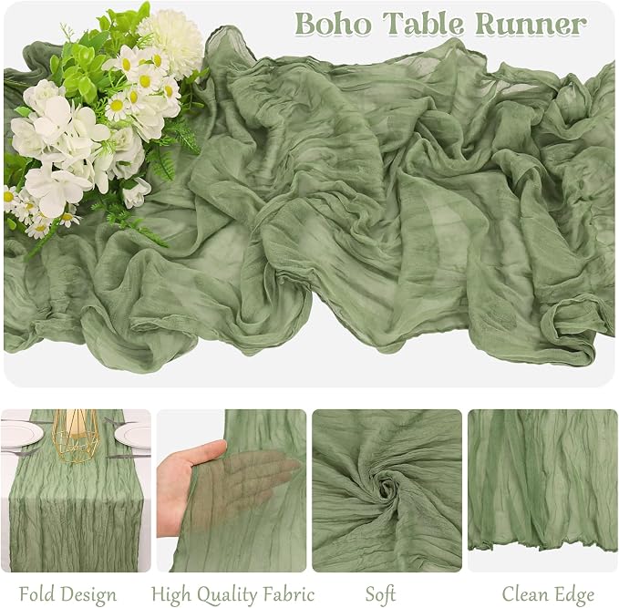 10 Pack Sage Green Cheesecloth Table Runner 10FT Boho Gauze Fabric Table Runner - Image 3