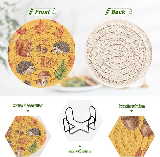 Fall Squirrel Acorn Yellow Pattern Coasters - Image 4