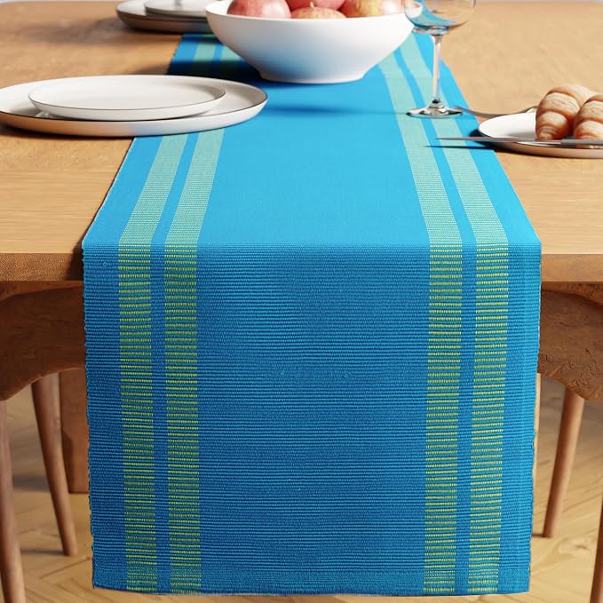 Encasa XO Table Runner, Yarn Dyed Ribbed Cotton 13"x59" | Ladder Turq Blue by EncasaXO