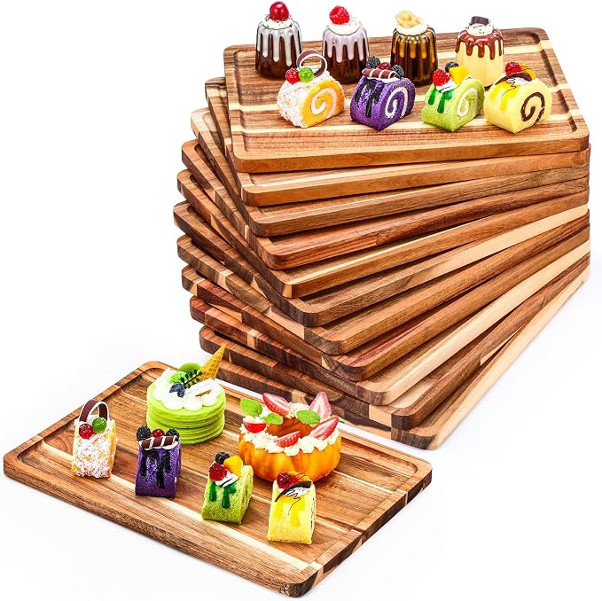 Roshtia 12 Pcs Acacia Wood Serving Tray Rectangular Wooden Serving Platter by Roshtia