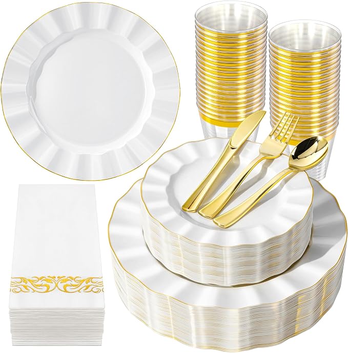 175PCS White Plastic Dinnerware Set, Wavy Plates by QualQuot