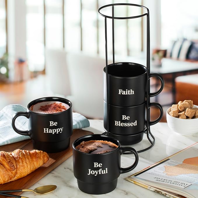 Signature Housewares Be Happy Stackable Stoneware Coffee Mug Set - Image 3