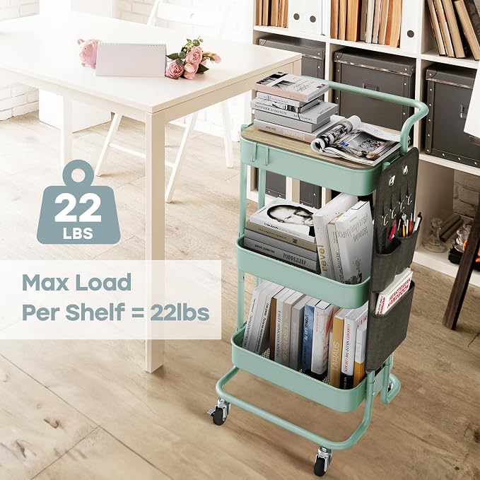 DTK 3-Tier Rolling Cart with Table Top, Metal Utility Cart with Side Bags | - Image 3