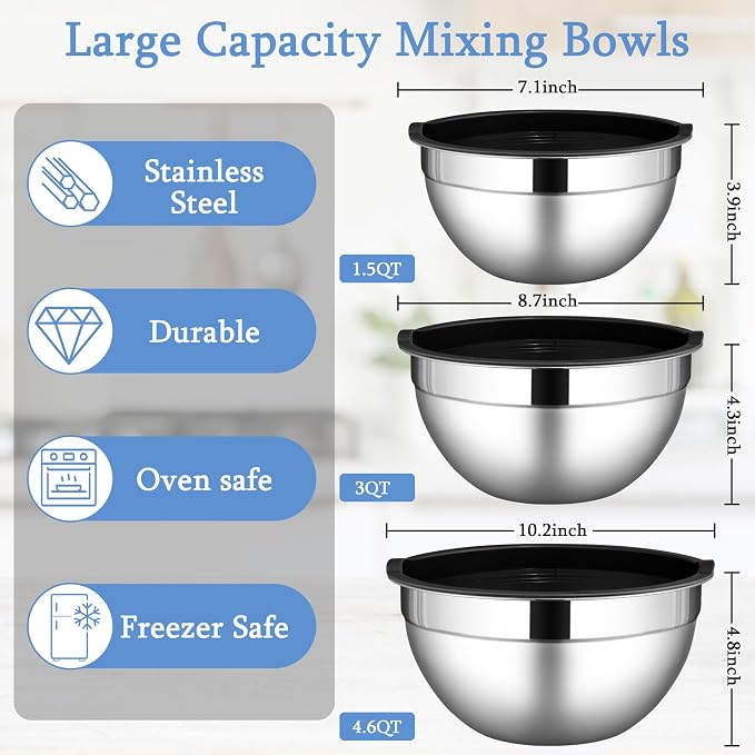 LIANYU Mixing Bowls with Lids Set of 3, Stainless Steel Nesting Metal Bowls | - Image 2