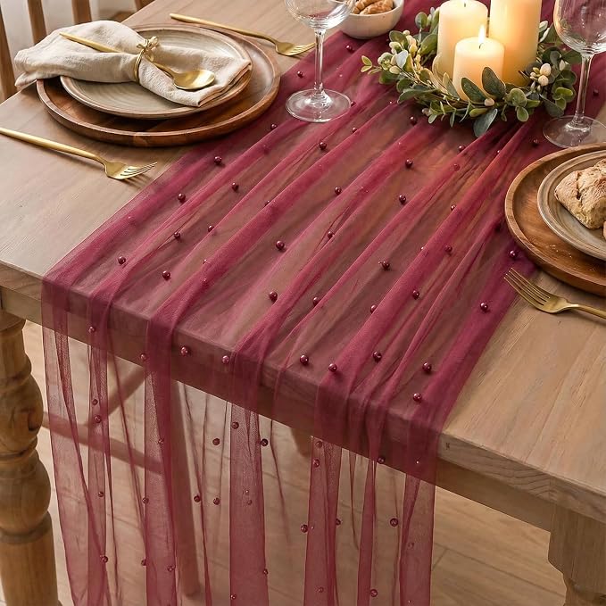 Artoid Mode Pearl Burgundy Gauze Table Runner 120 Inch 10FT, Seasonal Sheer - Image 5