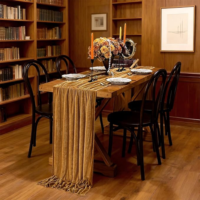 Gold Velvet Table Runner 10ft Extra Long Luxury Fall Thanksgiving Runners | 3 - Image 5
