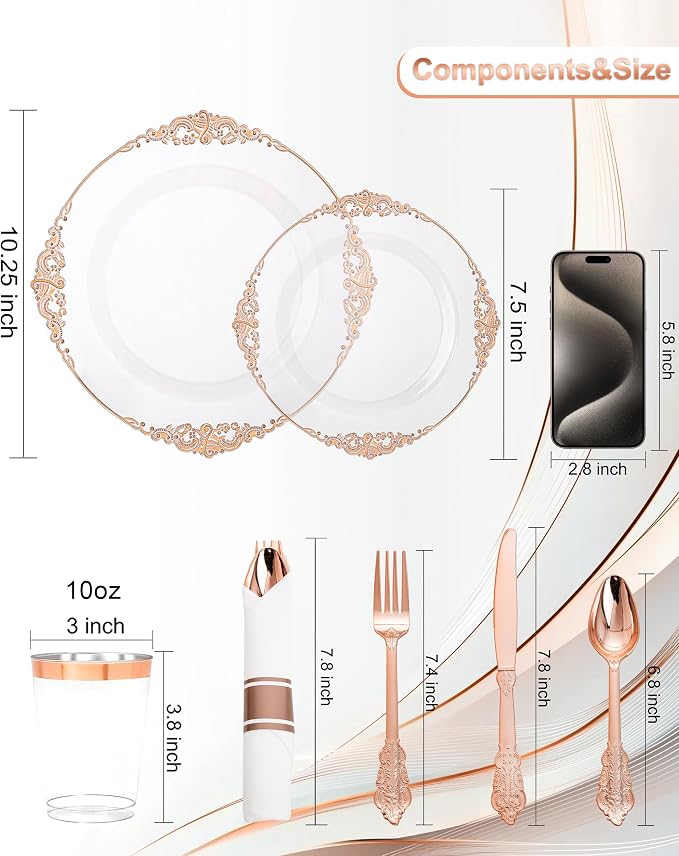 Nervure 350Pcs Rose Gold Plates, Disposable Dinnerware Set - Image 3