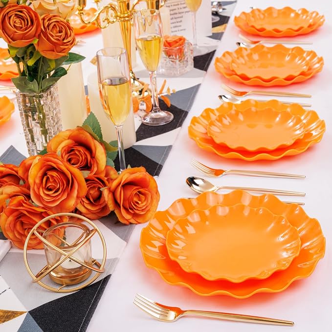 LIYH 24Pcs Orange Plastic Plates Reusable, Dinner And Salad Set - Image 8