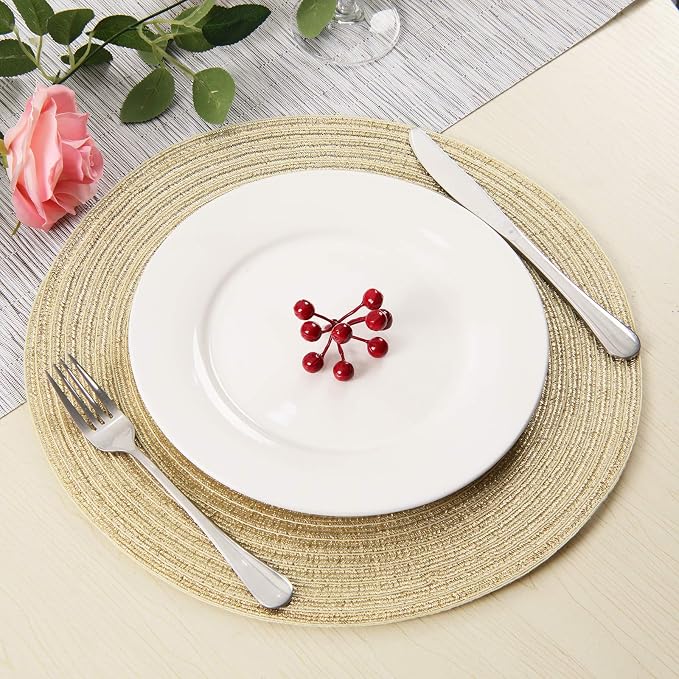 SHACOS Gold Glitter Round Placemats Set of 6 Bling Circle Place Mats Washable - Image 5