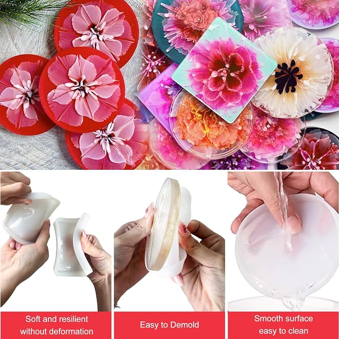 4 PCS Thickened Silicone Coaster Molds, Round & Square Epoxy Resin Molds | - Image 3